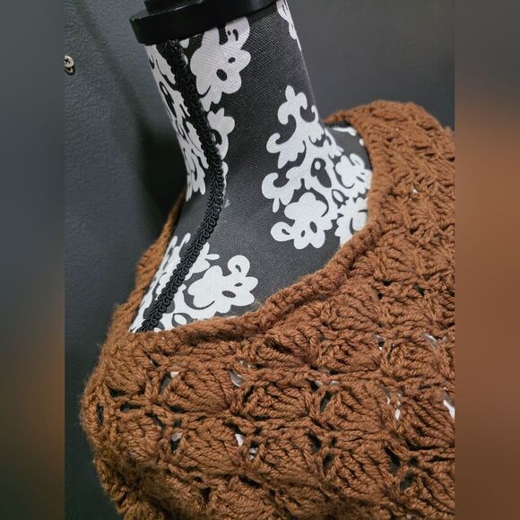 Chocolate Brown Crochet Balloon Sleeve Scallop Fan Design Drop Waist Maxi Dress - Picture 3 of 13